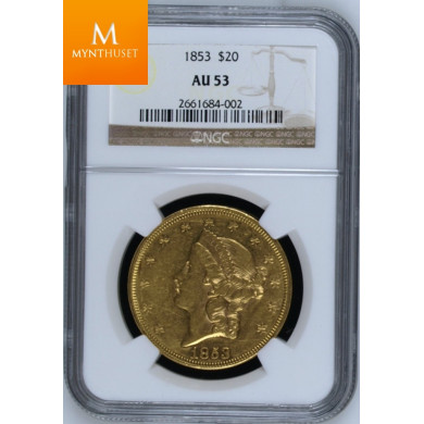 USA: 20 Dollar gull 1853 AU53 Flott mynt 