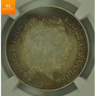 Danmark: 2 Kroner 1915 VBP MS63 Stjerne 