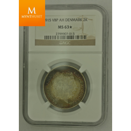 Danmark: 2 Kroner 1915 VBP MS63 Stjerne 