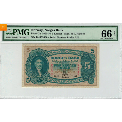 5 kroner 1907 B kvalitet 0 gradert til MS66EPQ RR seddel 