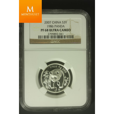 Kina: 3 Yuan 2007 Panda 1986 PF68 