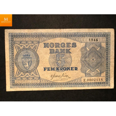 Sjelden! 5 kroner 1945 Z 0 million RRR seddel 