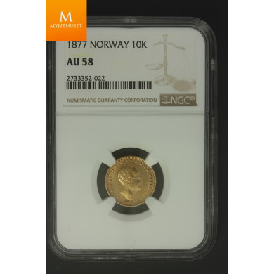 10 kroner 1877 kvalitet AU58 