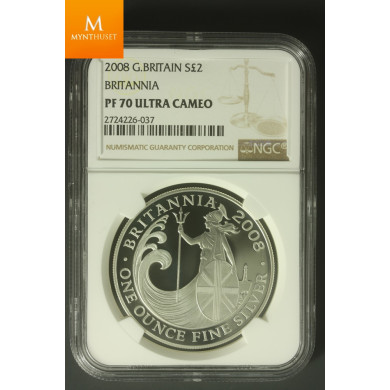 2008 Great Britain Britannia Two Pound Silver Proof 1oz Coin NGC PF70 UCAM