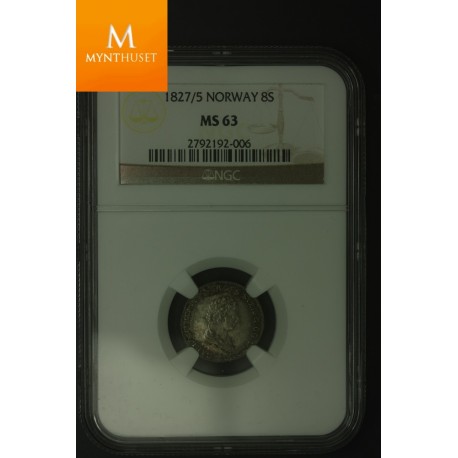 8 skilling 1827/5 kvalitet 0 , NGC MS63 Ex Oslo Myntgalleri