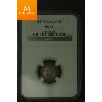 8 skilling 1827/5 kvalitet 0 , NGC MS63 Ex Oslo Myntgalleri