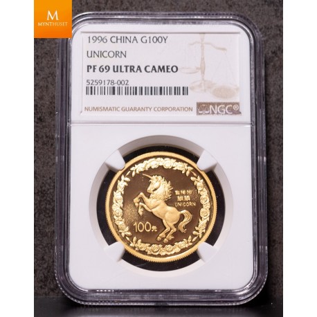 China: People's Republic gold Unicorn Proof 100 Yuan (1 oz) 1996 PR69 Ultra Cameo NGC