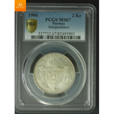 Nydelig! 2 krone 1906 stort skjold kvalitet 0 , MS67 ! Enestående mynt