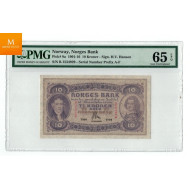 10 kroner 1906 kvalitet 0 , PMG MS65 EPQ sjelden seddel mellom 26 - 40 eksisterer
