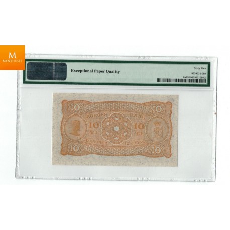 10 kroner 1906 kvalitet 0 , PMG MS65 EPQ sjelden seddel mellom 26 - 40 eksisterer