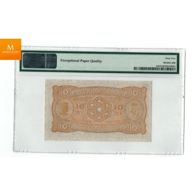 10 kroner 1906 kvalitet 0 , PMG MS65 EPQ sjelden seddel mellom 26 - 40 eksisterer