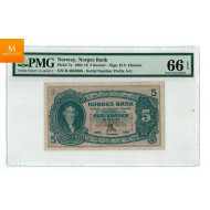 MEGET SJELDEN! 5 krone 1907 B Kvalitet 0 , MS66 EPQ RR seddel kun 4 - 6 eksemplarer finnes