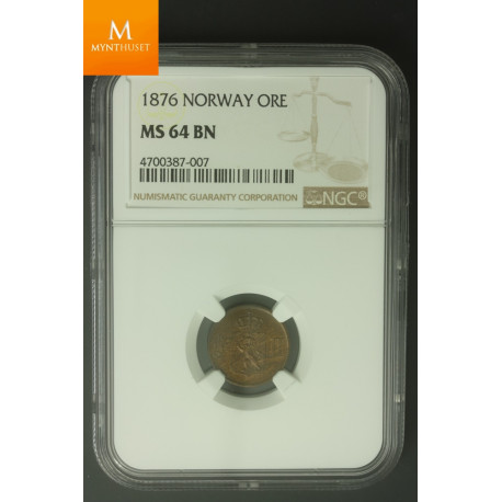 Nydelig 1 øre 1876 kvalitet 0 , NGC MS64 BN