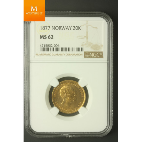 20 kroner 1877 NGC MS62 0/01