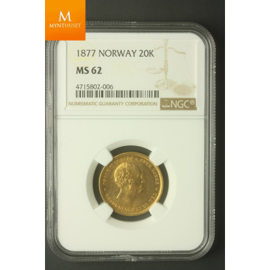 20 kroner 1877 NGC MS62 0/01
