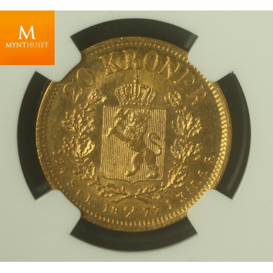 20 kroner 1877 NGC MS62 0/01
