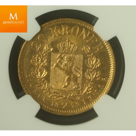 20 kroner 1877 NGC MS62 0/01