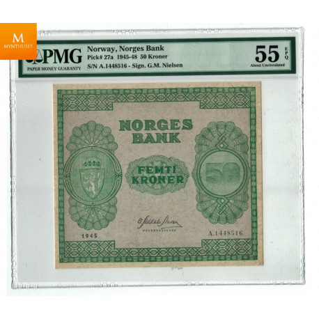 50 kroner 1945 A PMG gradert til AU55 EPQ