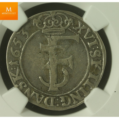 16 skilling (1 mark) 1653 NGC VF25 , kvalitet 1