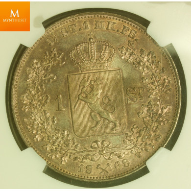 1 Speciedaler 1868 kvalitet 01, NGC AU58. Svært PEN mynt!