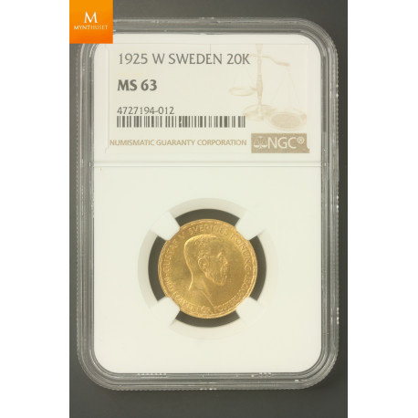 Sweden 20 kronor 1925 NGC MS63, Kvalitet 0/01