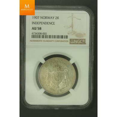 2 kroner gevær 1907 kvalitet 01, NGC AU58
