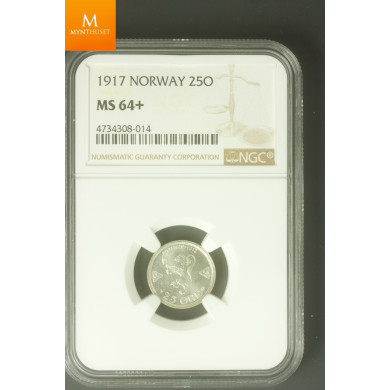25 øre 1917 kvalitet 0 vakker, NGC MS64 +