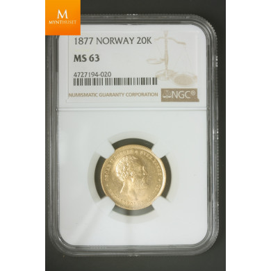 Norway 20 kroner 1877 kvalitet 0/01, MS63