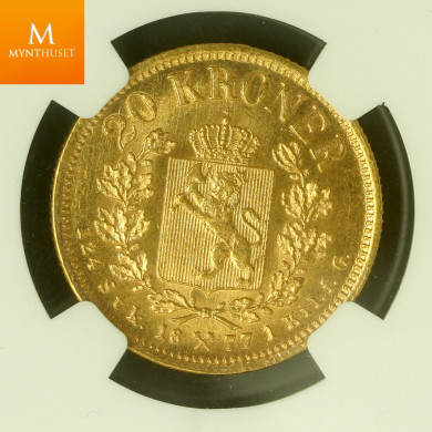 Norway 20 kroner 1877 kvalitet 0/01, NGC MS63