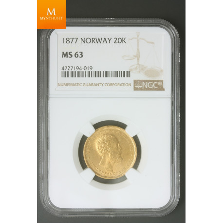 Norway 20 kroner 1877 kvalitet 0/01, NGC MS63