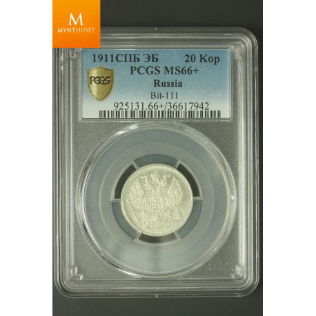Russia 20 Kopek 1911 Kvalitet 0 , PCGS MS66+