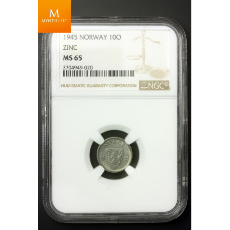 10 øre 1945 Z kvalitet 0 , NGC MS65