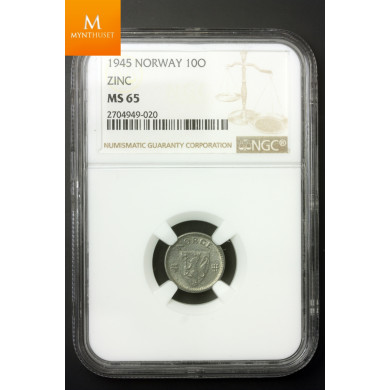 10 øre 1945 Z kvalitet 0 , NGC MS65