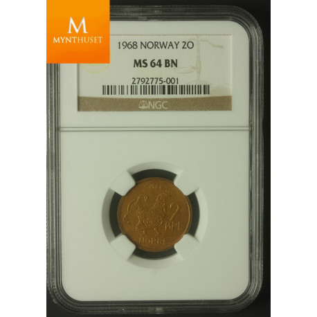 Norway: 2 øre 1968 kvalitet 0 , NGC MS64 BN
