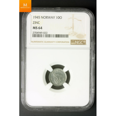 Norway 10 øre 1945 Z kvalitet 0 , NGC MS64