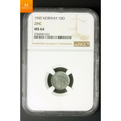 Norway 10 øre 1945 Z kvalitet 0 , NGC MS64