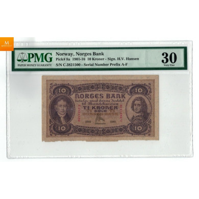 10 kroner 1910 C kvalitet 1, PMG VF30 S seddel (sjelden) 10 kroner 1910 C kvalitet 1, PMG VF30 S seddel (sjelden)