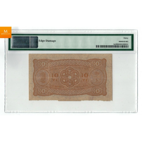10 kroner 1910 C kvalitet 1, PMG VF30 S seddel (sjelden)