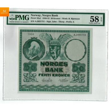 50 kroner 1950 Litra A kvalitet 0/01 , PMG AU58 EPQ