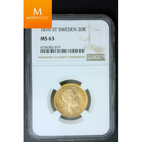 Sweden 20 kronor 1876 ST NGC MS63 RARE