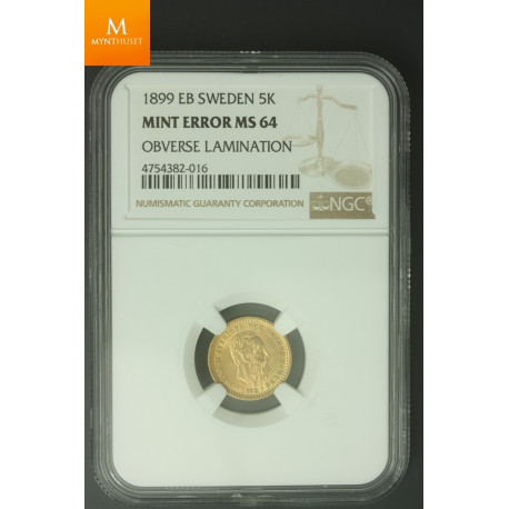 Sweden 5 kronor 1899 EB NGC Mint error MS64