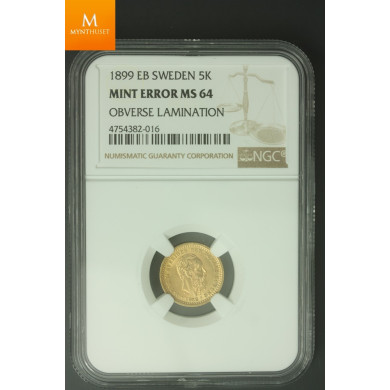 Sweden 5 kronor 1899 EB NGC Mint error MS64