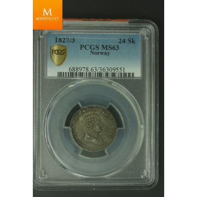 24 skilling 1827/3 Kvalitet pen 0/01, PCGS MS63