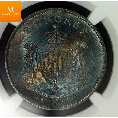 Nydelig 2 krone 1907 kvalitet 0/01, NGC MS62 Vakker patinert