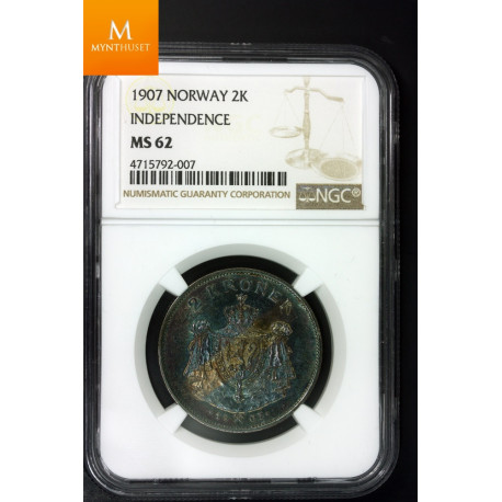 Nydelig 2 krone 1907 kvalitet 0/01, NGC MS62 Vakker patinert