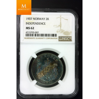 Nydelig 2 krone 1907 kvalitet 0/01, NGC MS62 Vakker patinert