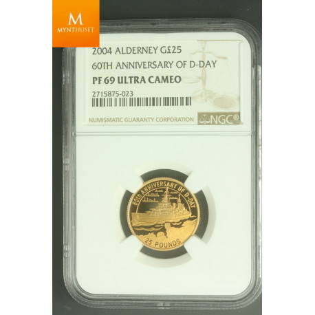 Alderney Gold 25 Pounds 2004 kvalitet Proof, NGC PF69 UCAM MINTAGE 500