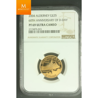 Alderney Gold 25 Pounds 2004 kvalitet Proof, NGC PF69 UCAM MINTAGE 500