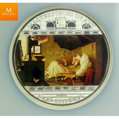 Cook Islands 20 Dollars 2009 Masterpieces of Art SPITZWEG POOR POET 3 Oz Silver kvalitet Proof, NGC PF70