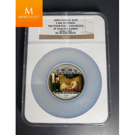 Cook Islands 20 Dollars 2009 Masterpieces of Art SPITZWEG POOR POET 3 Oz Silver kvalitet Proof, NGC PF70